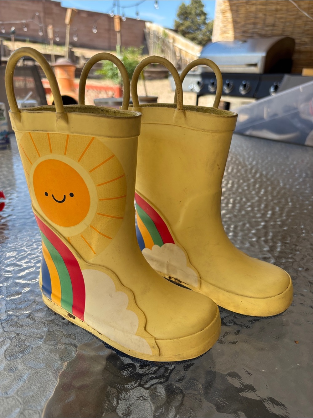 Cat & Jack Yellow Rain Boots with Sun & Rainbow Kids Size 8